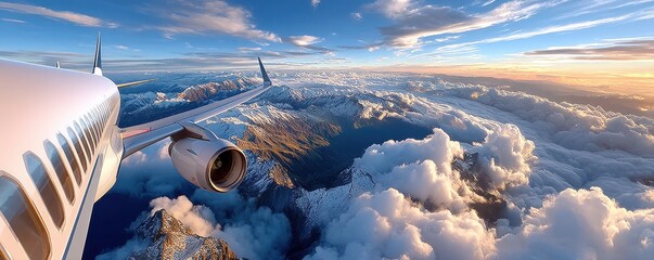 Passenger plane flying over scenic clouds and mountain range at sunset