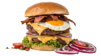 A Towering Gourmet Burger with Bacon and Egg  isolated on transparent  background 