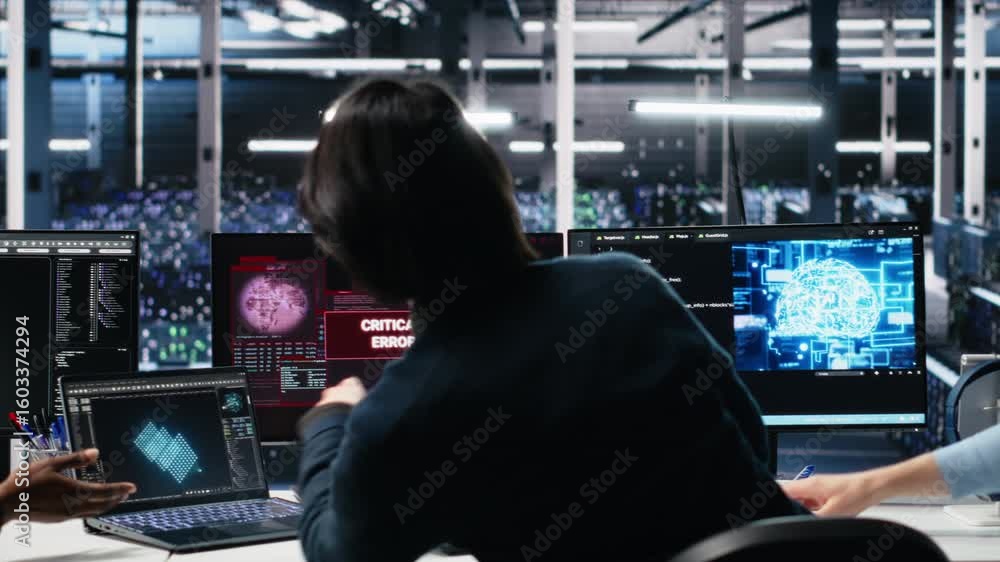 Poster data center team of engineers trying to fix critical error warning while using ai. server farm teamw