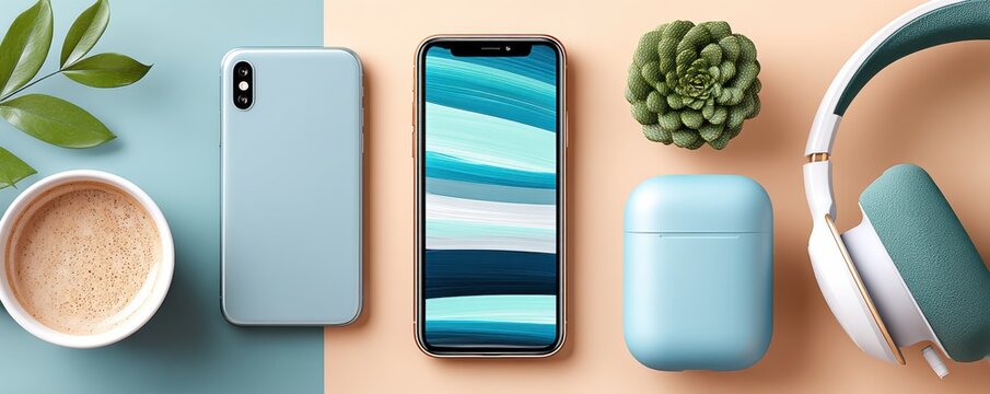 Stylish flat lay of modern gadgets and accessories on pastel background - Powered by Adobe