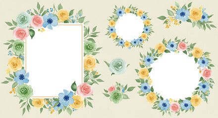 Watercolor floral frames and elements with soft pastel colors