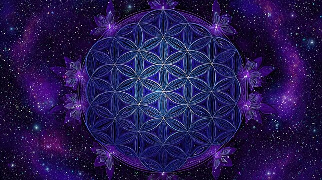 Detailed flower-like designs surround a complex geometric pattern in a dark space.