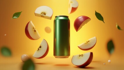 A can of apple juice is surrounded by falling apples.