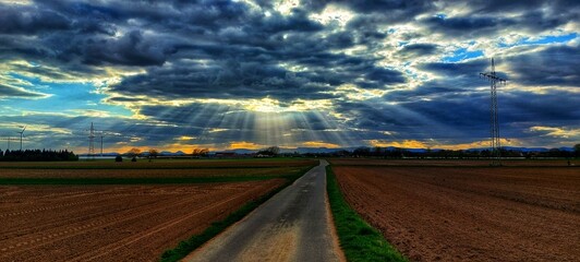 Rural bike path near Dudenhofen, Germany, leading toward the Palatinate Forest under a dramatic sky...
