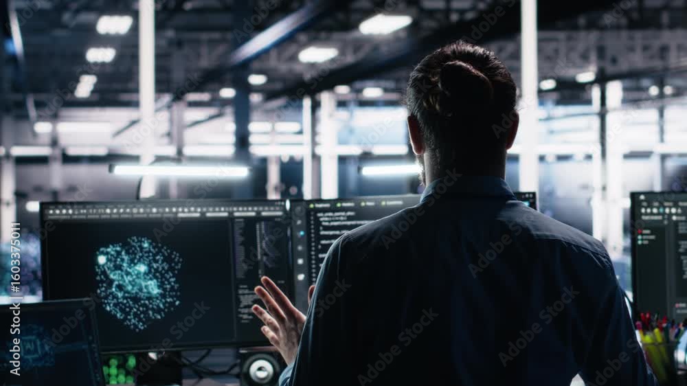 Poster overjoyed data center engineer dancing on chair after managing to analyze datasets using machine lea