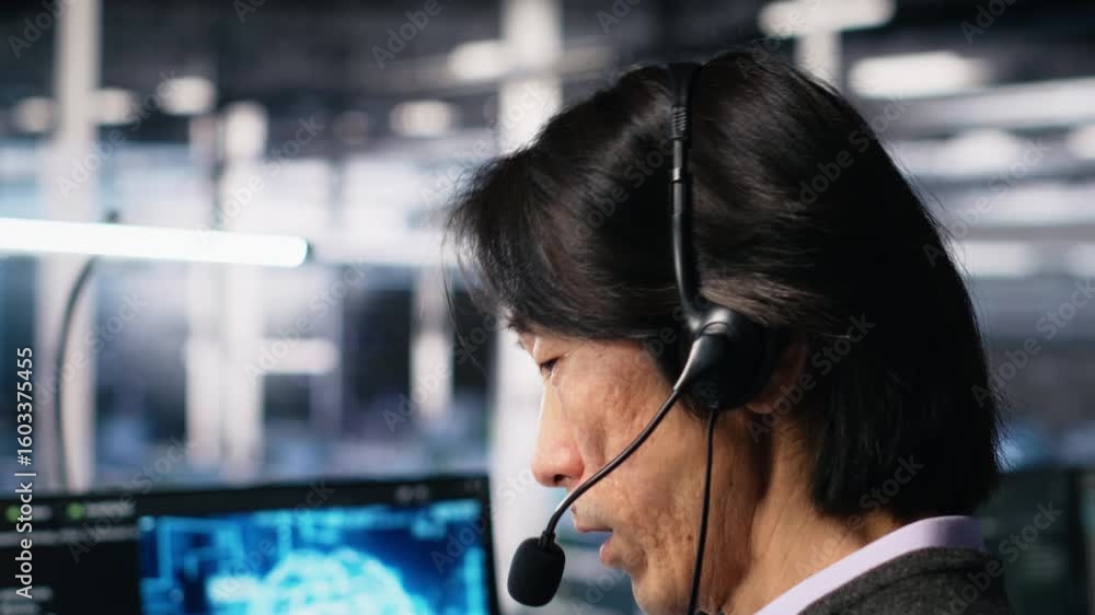 Poster engineer in data center wearing headset assisting users with ai enhanced troubleshooting. server roo