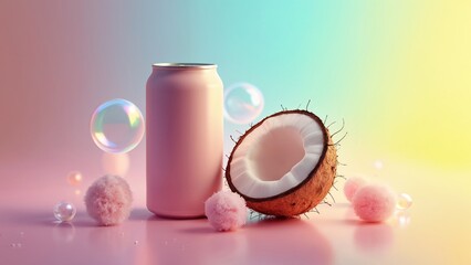 Obraz premium A can of soda next to a coconut on a pink surface.