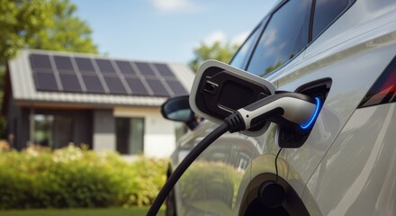 Fototapeta na wymiar Closeup of electric vehicle charging cable connected to SUV at ecofriendly home with solar power.