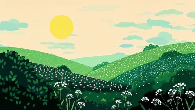 Serene Sunrise Over Rolling Hills Vibrant Floral Fields.