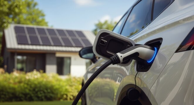 Closeup of electric vehicle charging cable connected to SUV at ecofriendly home with solar power.