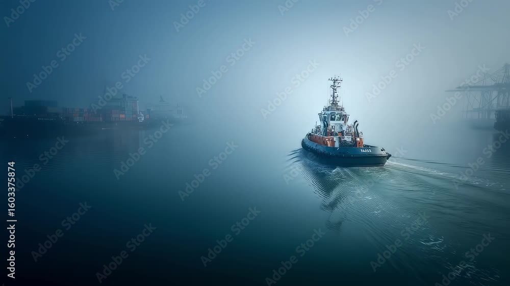 Poster a tugboat navigating through a foggy harbor representing uncertainty in global trade routes as vesse