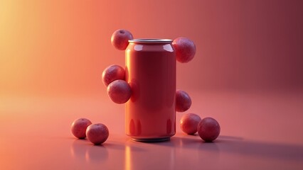 A can of tomato juice surrounded by small red apples.