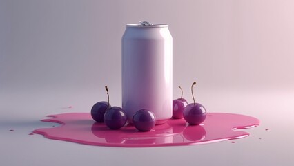 A can of soda with three cherries on top of it.