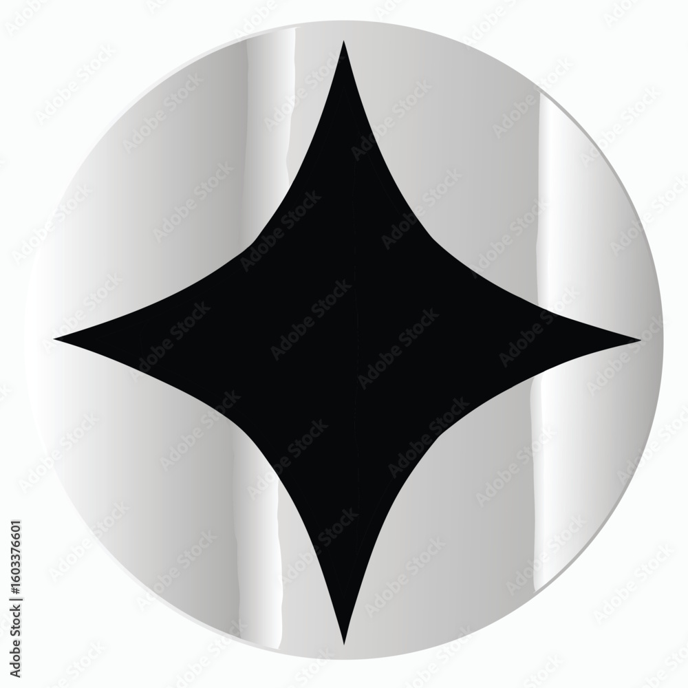 Poster a stark black four pointed star emblem is centrally positioned within a polished silver circular bac