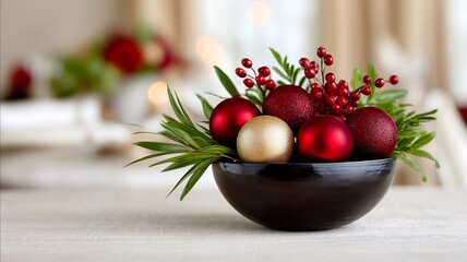 A strawberry bowl rests on the table near a potted plant and vase of daisies