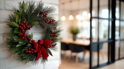 Dolly in close up shot on mini Christmas pine tree decoration placed in empty office. Festive workplace filled with xmas lights, garlands and wreaths during winter holiday season