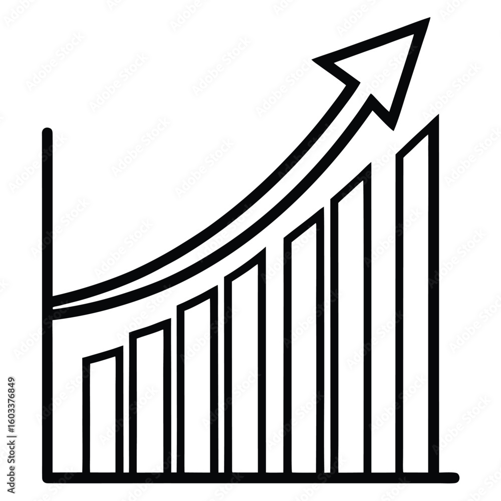 Poster stylized line graph illustrating upward trend and growth with bar chart elements for data visualizat
