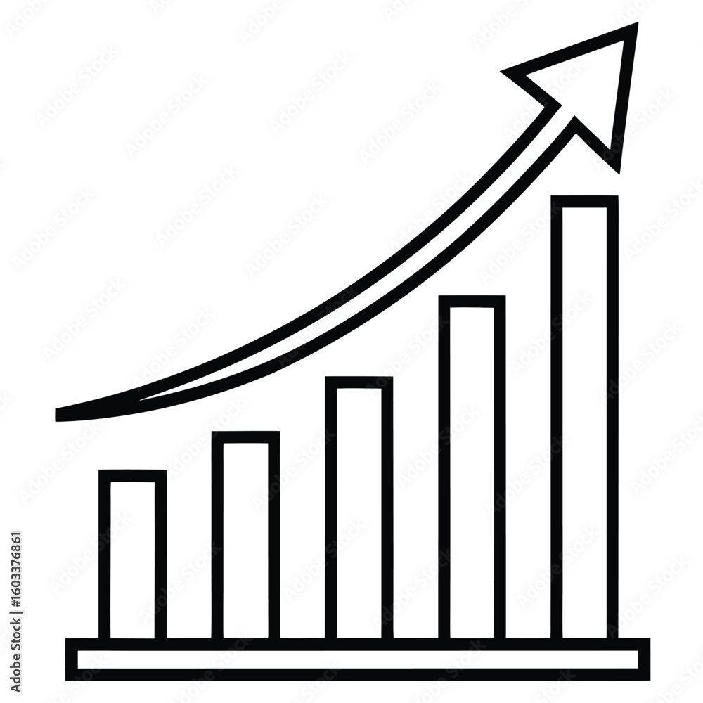 Poster simple line graph icon illustrating upward growth and positive trend with increasing bar chart eleme