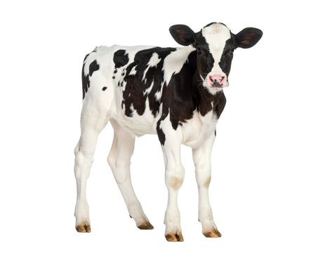Young holstein friesian calf standing on transparent background