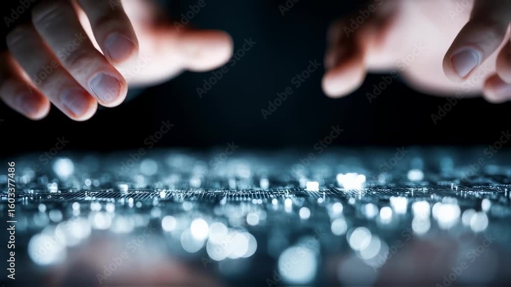 Poster close up of hands interacting with a futuristic, innovative technology interface, touching a surface