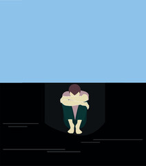 A depressed man sits alone, embracing his knees, moment of despair. Self-flagellation, paranoia anxiety fears mental health concept. Man sitting in black pit, blue sky symbolizing panic,