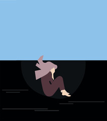 A depressed woman sits alone, embracing his knees, moment of despair. Self-flagellation, paranoia anxiety fear mental health concept. Girl sitting in black pit, blue sky symbolizing panic, phobia, dep