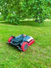 An autonomous robotic lawnmower is currently at work on a beautifully lush green lawn, perfectly manicured and situated beneath a large, shady tree, showcasing modern landscaping technology in action
