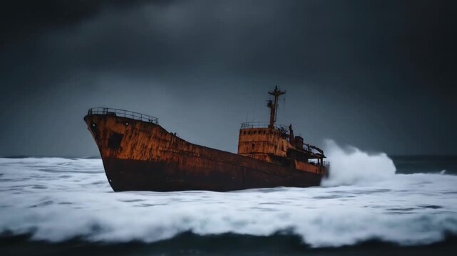 Rusted shipwreck abandoned in ocean waves during stormy weather.