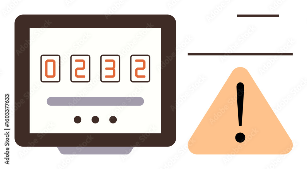 Poster desktop monitor displaying a numeric counter alongside a yellow warning sign with an exclamation mar