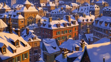 Snowy European city rooftops