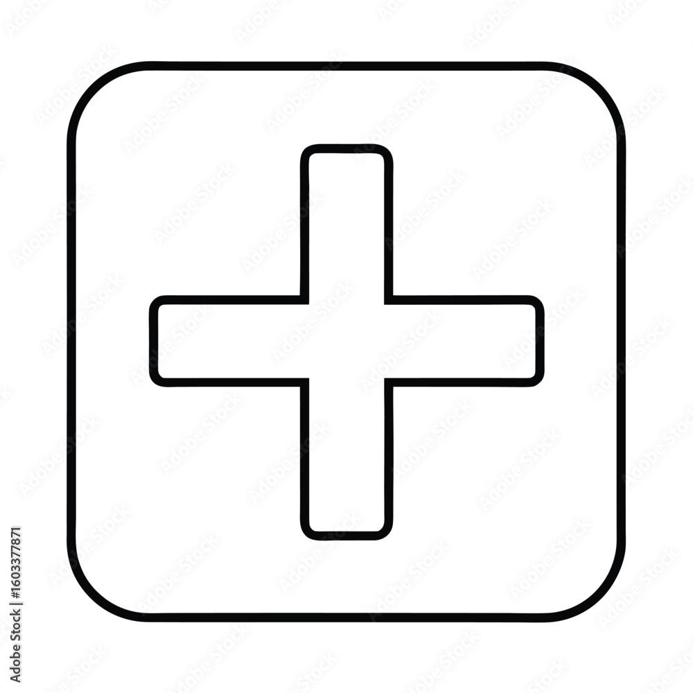 Poster simple outline of a plus sign within a rounded square icon symbolizing addition health or medical ca