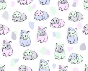 Seamless background with different hand drawn rabbits and eggs.