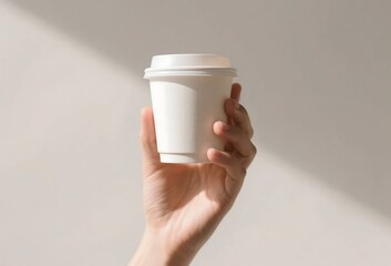White coffee cup held casually, black sweater and navy pants, urban lifestyle photo for casual café branding