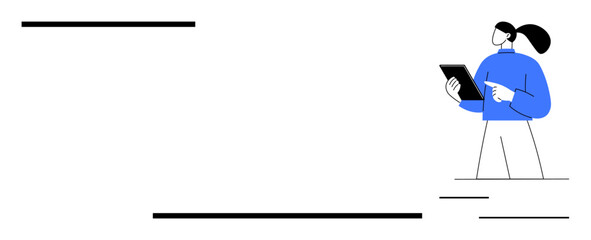 Woman in blue sweater holding tablet, pointing at screen amidst clean, structured layout and black lines. Ideal for productivity, technology, education, communication, design, analysis simple