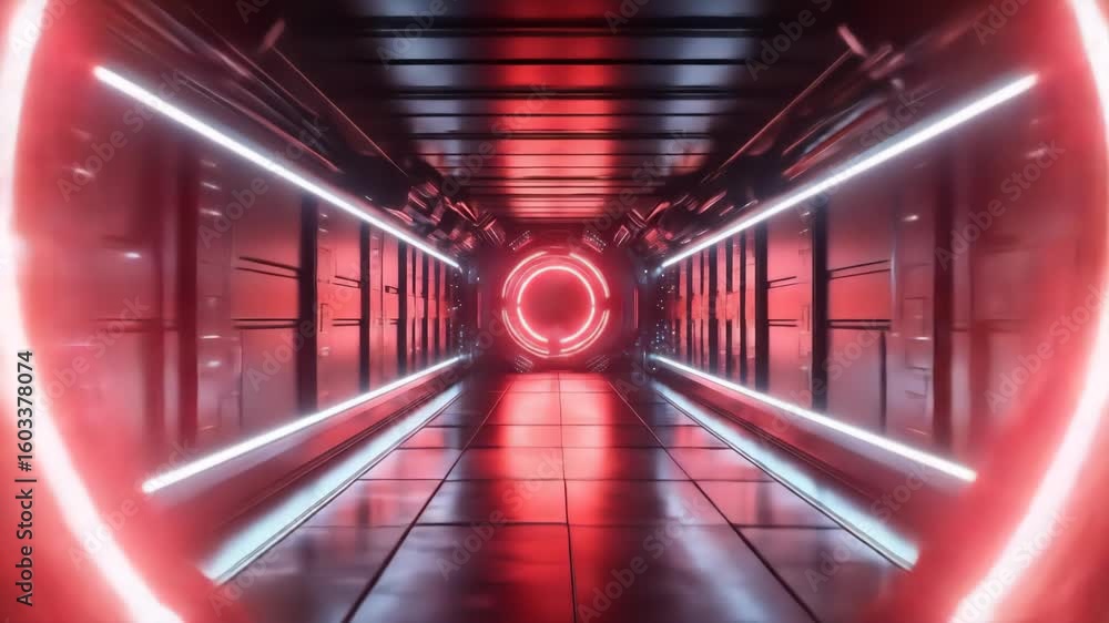 Poster futuristic tunnel interior with glowing red and blue lights creating an abstract sci-fi effect. geom