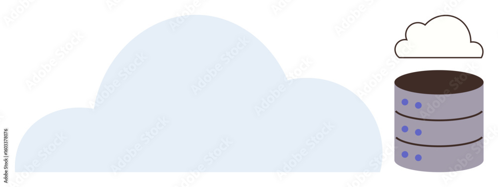 Poster large cloud accompanied by a stacked server icon and smaller cloud symbolizing data storage, synchro