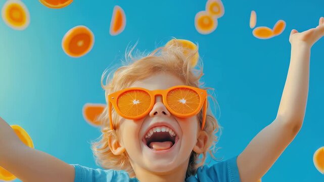 Blonde boy in blue shirt and orange sunglasses laughing while orange slices float around him against turquoise background. Dynamic scene with flying fruit slices.
