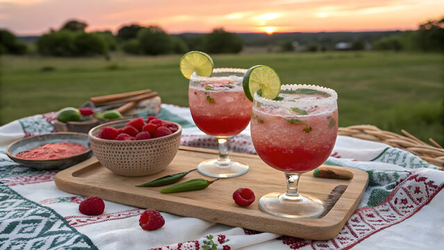 A beautifully styled outdoor scene featuring two frosty glasses of raspberry jalapeño margaritas resting on a relaxed, patterned picnic cloth. - Powered by Adobe