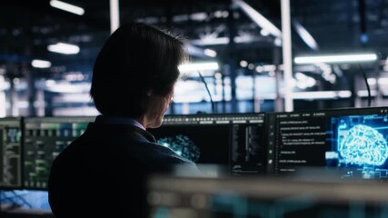 Programmer in data center coding with generative AI assistance. IT professional leveraging artificial intelligence large language model to solve tasks in server room, camera A - Powered by Adobe