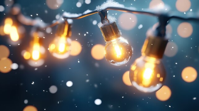 Warm string lights in snowy night