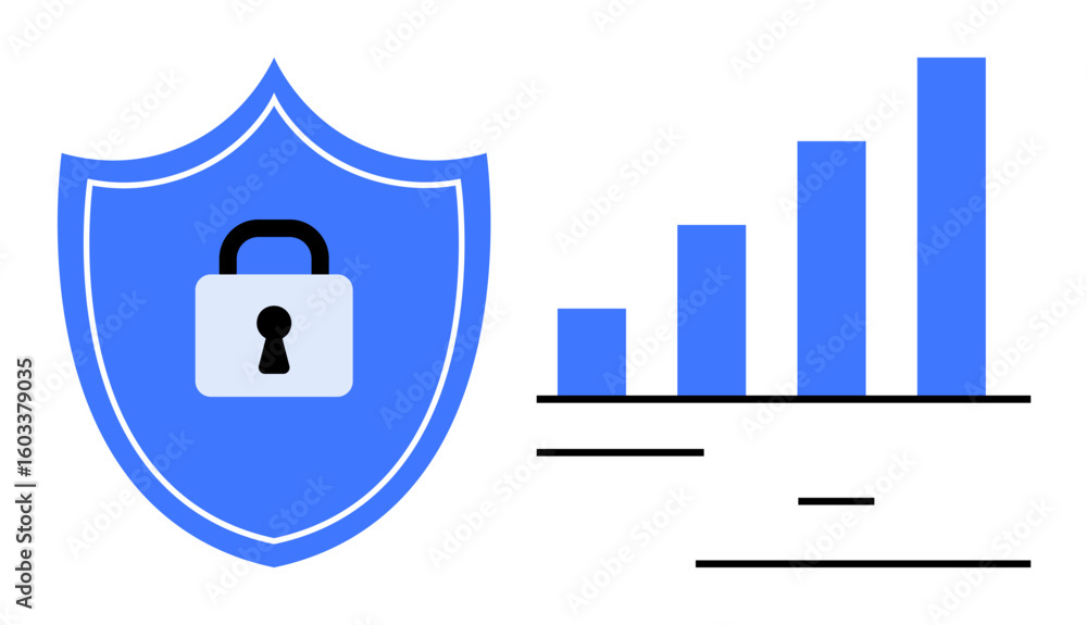 Poster shield with lock symbolizing data protection and security, next to a bar graph representing growth. 