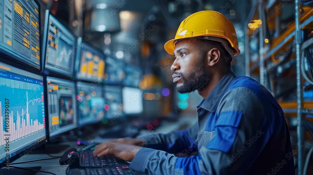 Poster adult man with beard wearing yellow hardhat and blue workwear operates multiple computer screens in 