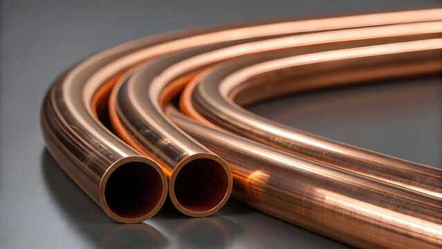 A close-up, high-resolution view of polished copper tubing, elegantly bent into smooth, flowing curves that highlight its malleable beauty and industrial craftsmanship
