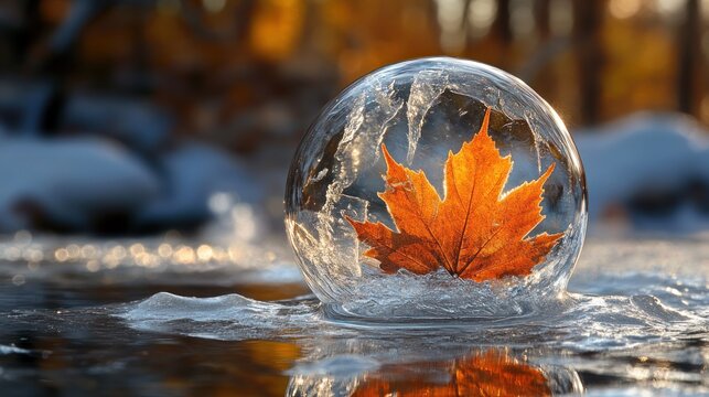 Frozen autumn leaf in a bubble