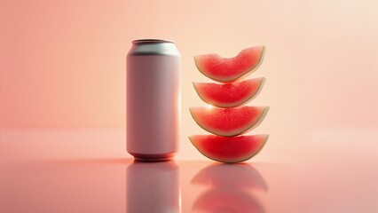 A can of watermelon slices on a pink surface.