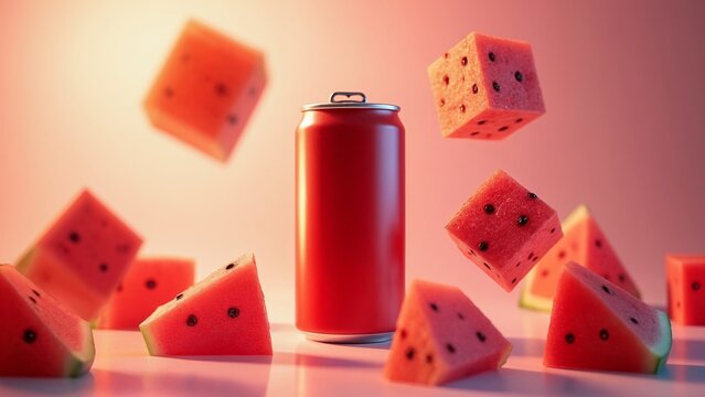 A can of soda surrounded by slices of watermelon. - Powered by Adobe