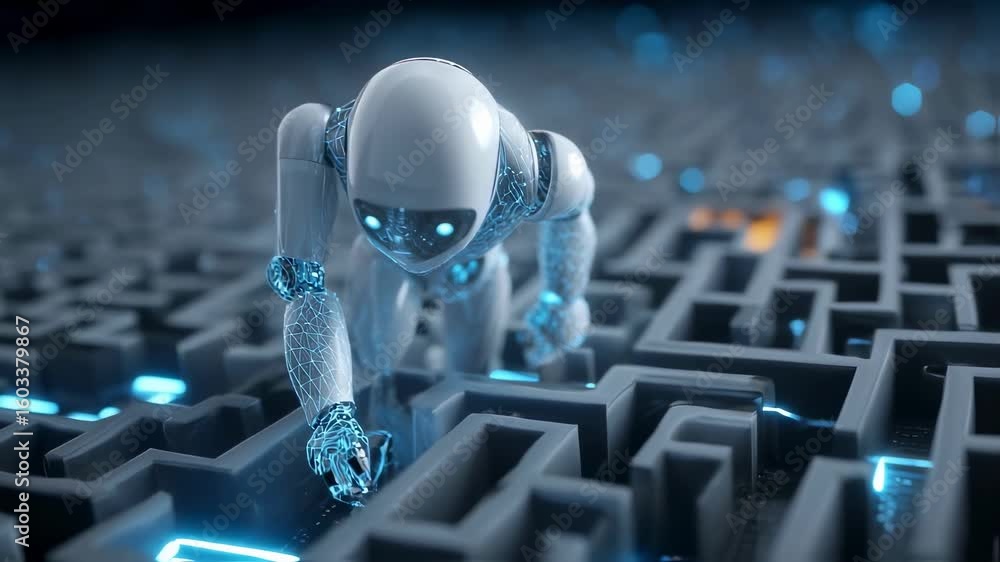 Aufkleber advanced robot navigating through a complex maze, showcasing problem solving abilities and artificia