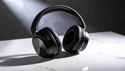 Matte black over-ear headphones on white marble surface with shadow and dark background