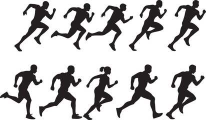 Athletic runners in motion black silhouettes running athletes