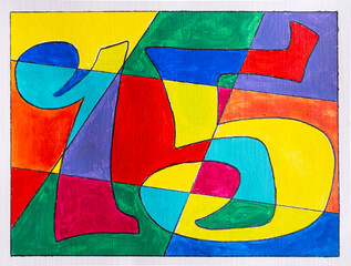 Colorful abstract painting featuring bold, geometric shapes and large number 15, filled with vibrant shades of yellow, red, blue, green, and orange on a white background